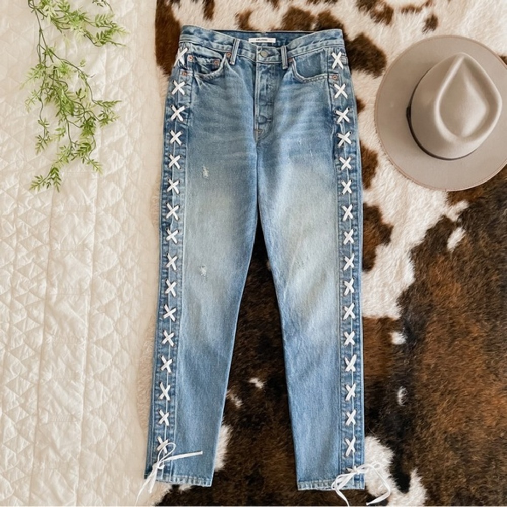 GRLFRND Blue Jeans with White Lace-Up Detail